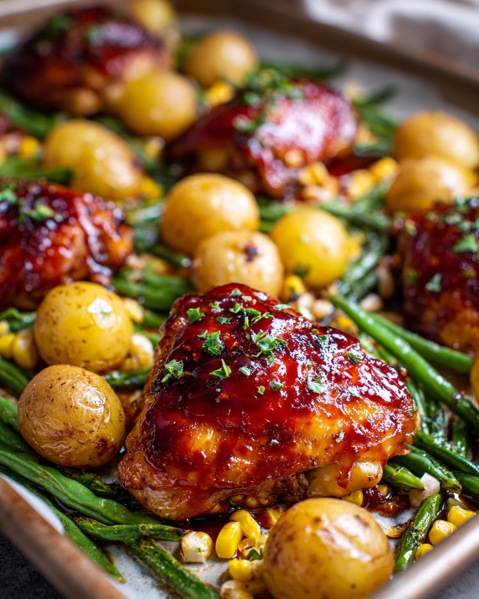 The image shows a close-up of a one-pan meal with roasted barbecue chicken thighs as the top layer, their shiny red-brown skin glistening with sauce and sprinkled with small green herb bits. Beneath and around the chicken are several small, round, golden-brown roasted potatoes that are both whole and halved, showing a soft yellow inside. Intermixed with the potatoes are whole green beans that appear slightly wrinkled and roasted, with a few small yellow corn kernels dispersed throughout. The food is all placed directly on a baking pan that blends into a white marbled surface in the background, giving a clean and bright setting. photo taken with an iphone --ar 4:5 --v 7