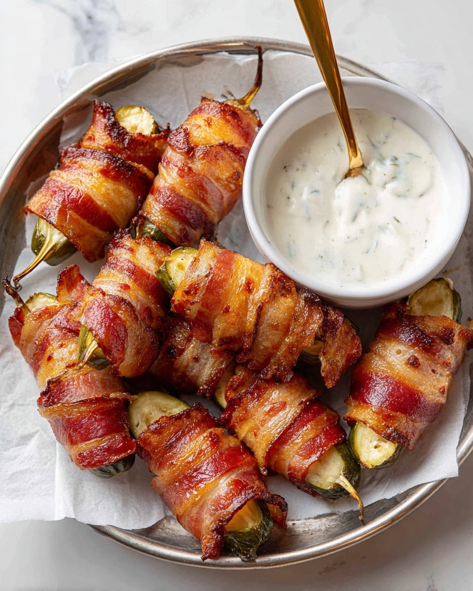 A close-up image shows a woman's hand holding a small bacon-wrapped item with a golden-yellow top that looks soft and shiny. The bacon is crispy, with different shades of brown and slightly shiny fat layers, wrapped around a slightly thicker item inside. The item is being dipped into a black bowl filled with creamy white sauce with small green specks. The bowl is placed on crumpled white parchment paper on a silver tray with a faint pattern. The background shows a blurred striped cloth and a white marbled surface. Photo taken with an iphone --ar 4:5 --v 7