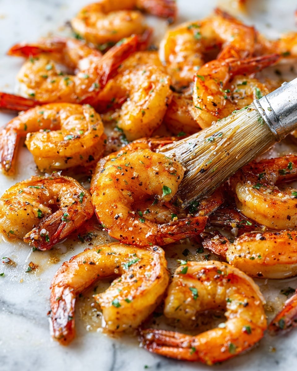 The image shows many cooked shrimp on a white marbled surface. The shrimp are orange-pink with slightly charred edges and some black pepper and green herbs sprinkled on them. A brush with shiny, wet bristles is in the middle, brushing oil or sauce over the shrimp, adding a glossy look. The shrimp are tightly packed, overlapping and curling in different directions, with the tails still attached. The photo is clear and bright, focusing close up on the shrimp and brush. photo taken with an iphone --ar 4:5 --v 7