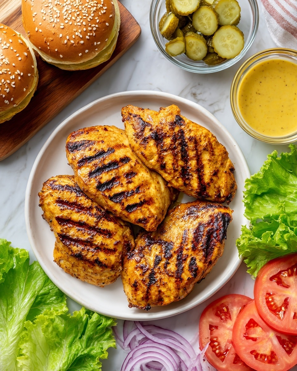 This image shows a white plate filled with four grilled chicken pieces, each golden with dark grill marks and slight charring. Around the plate, there are fresh vegetable ingredients arranged neatly on a wooden board placed on a white marbled surface: on the top left, there are two sesame seed hamburger buns with golden brown tops, a small glass bowl of yellow sauce next to them; to the right of the sauce, a clear bowl holds several round green pickle slices, with a few pickle slices outside the bowl; below the pickles, thin rings of light purple onion are spread; bright green crisp lettuce leaves are placed on the far right; below the onions and near the bottom left corner of the image, slices of red tomato are stacked. The overall colors are warm and fresh, with crisp textures. Photo taken with an iphone --ar 4:5 --v 7