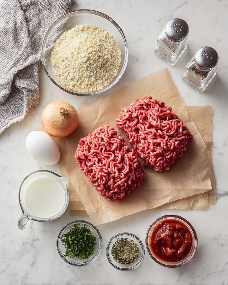 Two large mounds of raw ground meat with a pinkish-red color and dense, wavy texture sit on a sheet of light brown parchment paper in the center. Above the meat are two white eggs and a small white onion with dry, light brown skin. To the left of the meat is a clear glass bowl filled with light-colored breadcrumbs. Below the meat is a small clear glass pitcher filled with white milk. To the bottom right, there are three small clear glass bowls: one with a mix of green chopped herbs, one with green dried herbs, and one with thick red tomato paste. At the top center, two clear glass salt and pepper shakers stand side by side. Everything is laid out on a white marbled surface, with a gray and white towel folded at the top left corner. photo taken with an iphone --ar 4:5 --v 7