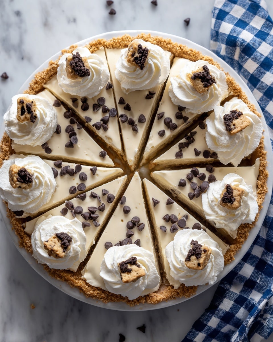 A white pie with eight slices is shown from above, each slice topped with small chocolate chips scattered over creamy, light beige filling. Each slice has a mini cookie piece with chocolate chunks placed near the outer edge. The pie is edged with thick white swirls of whipped cream on a white marbled texture surface, with a blue and white checkered cloth partially visible in the background. Photo taken with an iphone --ar 4:5 --v 7