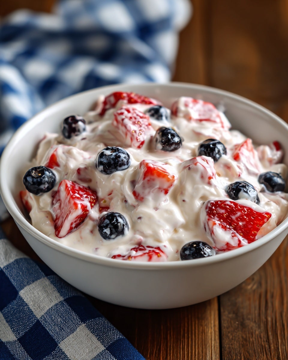 A white bowl filled with three layers of fluffy white cream mixed with whole blueberries and strawberry pieces in red and dark blue, the top layer is heavily covered with strawberry and blueberry pieces peeking through the creamy white texture, all sitting on a wooden surface with a blue and white checkered cloth and whole strawberries in the blurred background, photo taken with an iphone --ar 4:5 --v 7