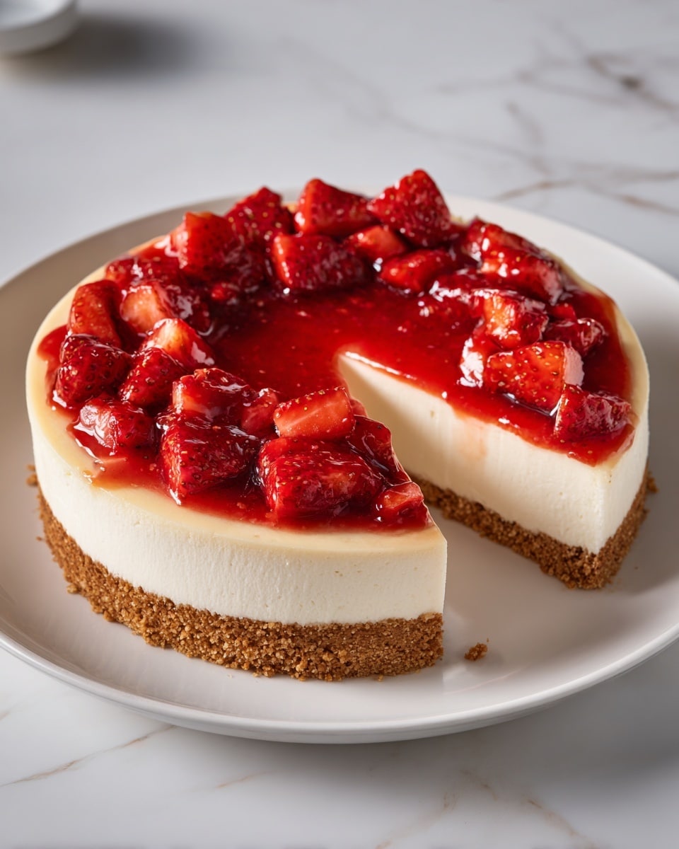 The image shows a round cheesecake with three visible layers: the bottom light brown crumb crust, a thick middle white creamy layer, and the top layer covered with bright red strawberry sauce and chunks, arranged in a crescent shape along the edge of the cake with one slice removed. The cheesecake sits on a white plate placed on a white marbled surface. Photo taken with an iphone --ar 4:5 --v 7