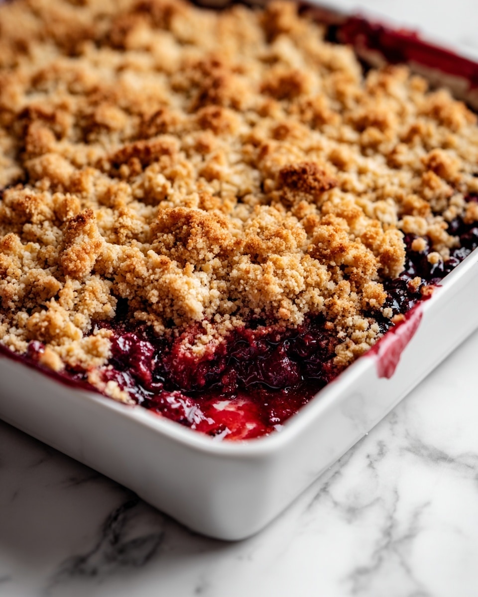 This image shows a rectangular white dish filled with a berry crumble dessert. The bottom layer is made up of dark red and purple mixed berry filling, visible along the edges where it slightly spills over the sides. On top, there is a thick layer of golden-brown crumb topping with a rough, chunky texture, evenly covering the berries. The dish is set on a white marbled surface. photo taken with an iphone --ar 4:5 --v 7