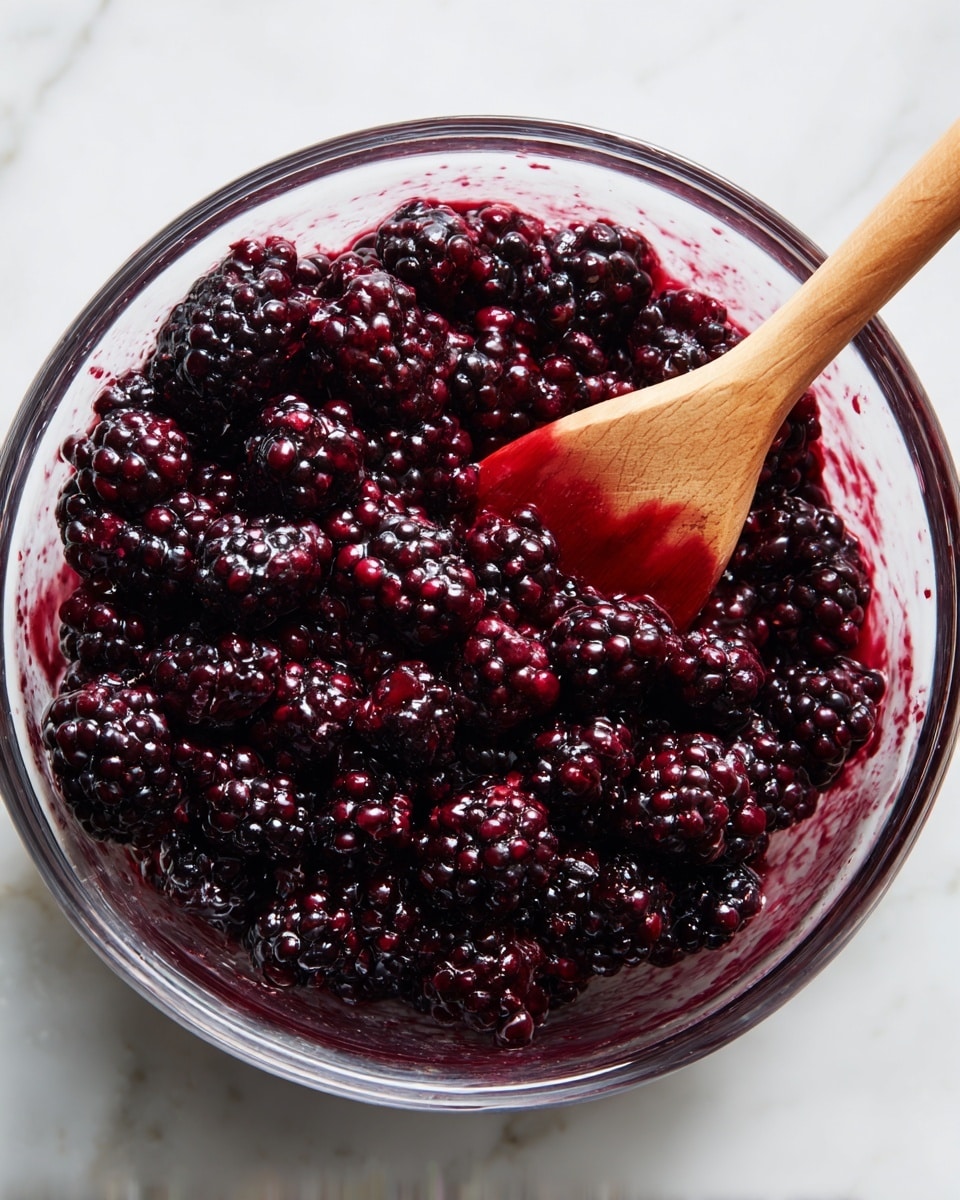 A clear glass bowl filled with a mix of dark purple blackberries coated in a shiny, thick purple sauce. The berries are whole and textured with their small drupelets visible. A wooden spoon with a red silicone tip is placed inside the bowl on the right side, resting against the bowl edge. The bowl is set on a white marbled surface. photo taken with an iphone --ar 4:5 --v 7