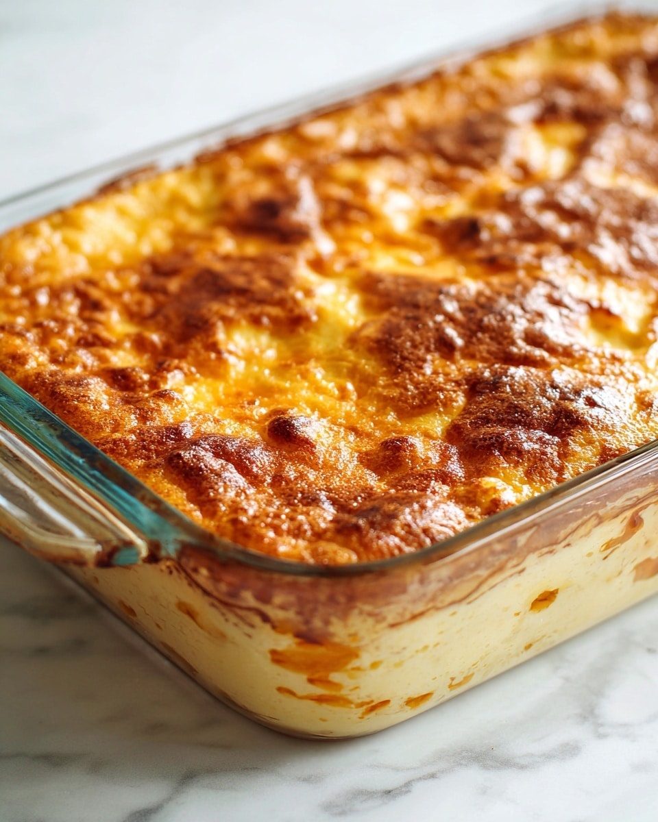 A close-up view of a baked dessert in a clear glass baking dish placed on a white marbled surface. The dish has two main visible layers: the top layer is a golden-brown, slightly cracked crust with a mix of light and darker brown shades, showing a textured, uneven surface that looks crisp; underneath, glimpses of a soft, creamy layer peek through, with small spots of bright orange and red visible mainly on the bottom right corner, suggesting pieces of fruit or filling in those areas. The edges of the dish slightly catch some caramelized spots of the filling. Photo taken with an iphone --ar 4:5 --v 7