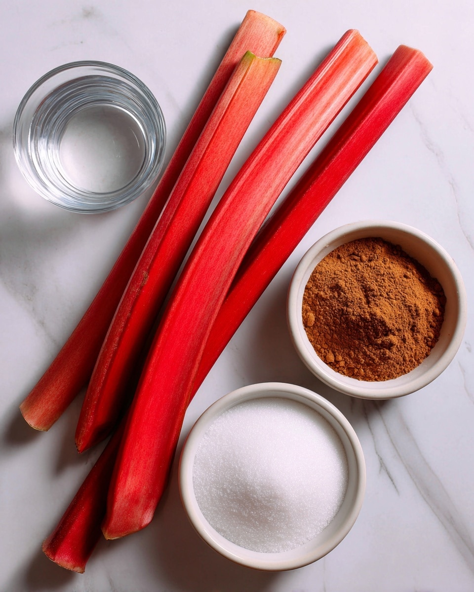 The image shows four bright red rhubarb stalks diagonally placed on a white marbled surface, with a small clear glass cup of water on the left, a round white bowl filled with white granulated sugar below the water, and another round white bowl containing brown cinnamon powder next to the sugar bowl. Each ingredient is labeled with black text. Photo taken with an iphone --ar 4:5 --v 7