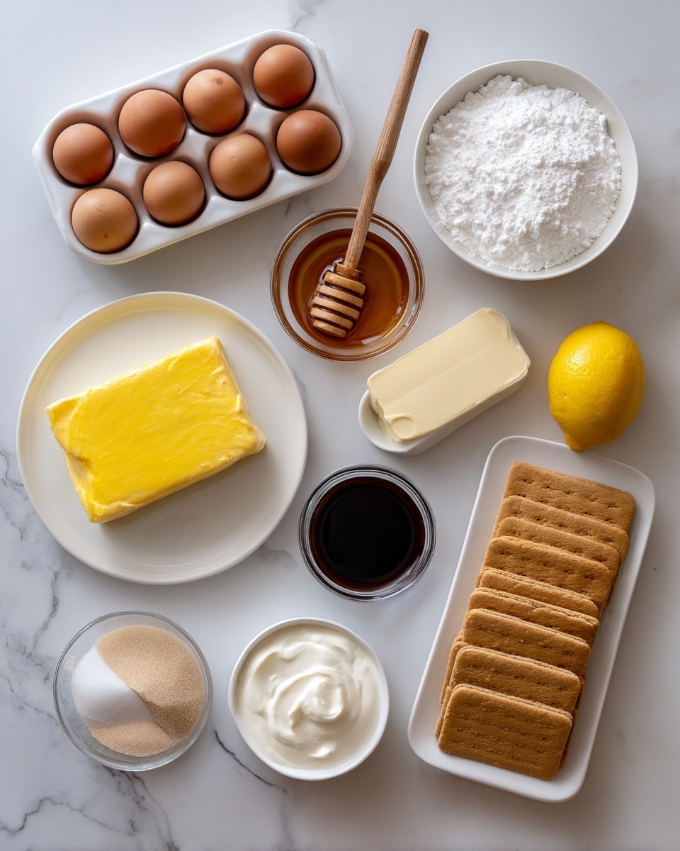 The image shows a flat lay of baking ingredients arranged neatly on a white marbled surface. At the top left, there is a white egg tray holding six brown eggs with smooth shells. To the right of the eggs, a cup with dark amber honey is shown with a wooden-handled dipper resting inside. Next to it, a filled white bowl contains fluffy white powdered sugar. Below, centered on a white plate, there is a solid block of cream cheese, bright yellow lemon curd in a white bowl, a small cup with dark vanilla extract, and a stick of butter near the middle right side. At the bottom left, a small clear bowl holds light brown sugar, and beside it, another clear bowl contains thick white sour cream. On the bottom right, a rectangular white plate holds a neat stack of rectangular graham crackers, while two whole lemons rest to the left side. All elements are spaced well with clear visibility, photo taken with an iphone --ar 4:5 --v 7