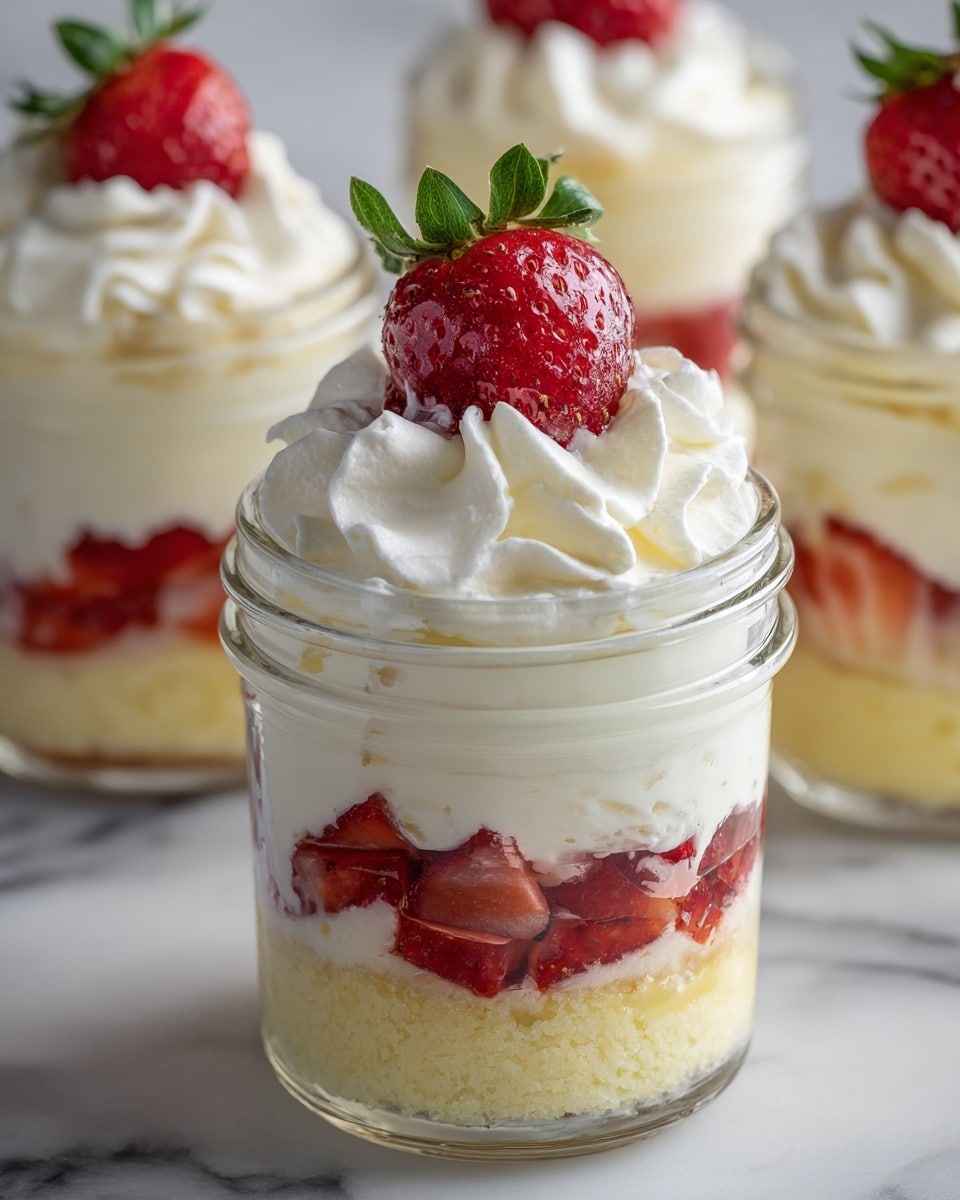 The image shows four clear glass jars filled with layered strawberry shortcake. Each jar has three main layers: at the bottom is light yellow cake, above it is a thick white cream layer mixed with sliced fresh strawberries, then another light yellow cake layer on top, followed by a generous swirl of white whipped cream. Each jar is topped with a halved, bright red strawberry with green leaves. The jars are placed on a smooth white marbled surface with a soft, out-of-focus white background. The photo taken with an iphone --ar 4:5 --v 7