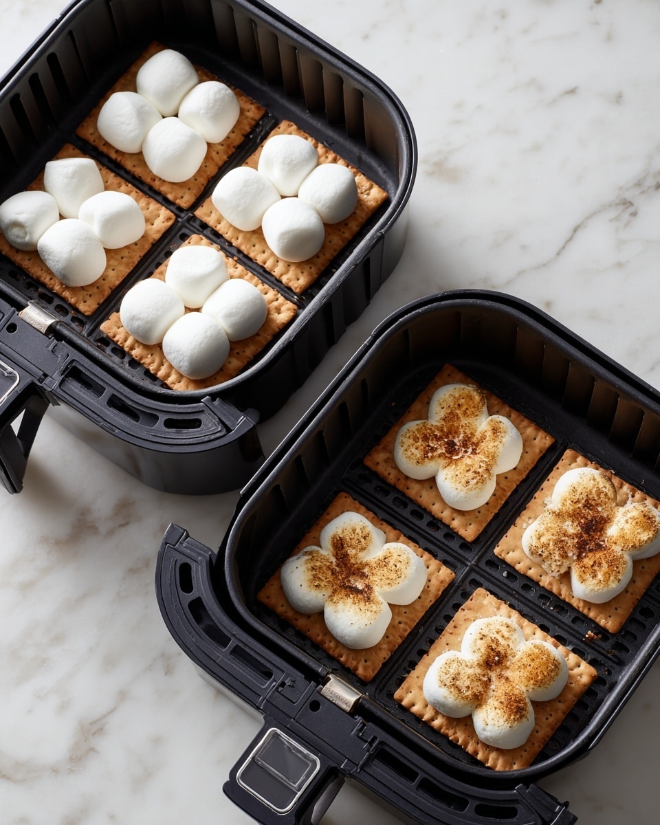 The image shows two black air fryer baskets on a white marbled surface, each holding four square crackers topped with large white marshmallows. In the left basket, the marshmallows are fresh and puffy, sitting neatly on the crackers with a smooth, soft texture; they are arranged in a 2x2 grid. In the right basket, the marshmallows are toasted to a light golden brown color with a slightly crispy and uneven texture on the top, still on the same crackers arranged the same way. Both baskets have a perforated bottom with a grid pattern. photo taken with an iphone --ar 4:5 --v 7