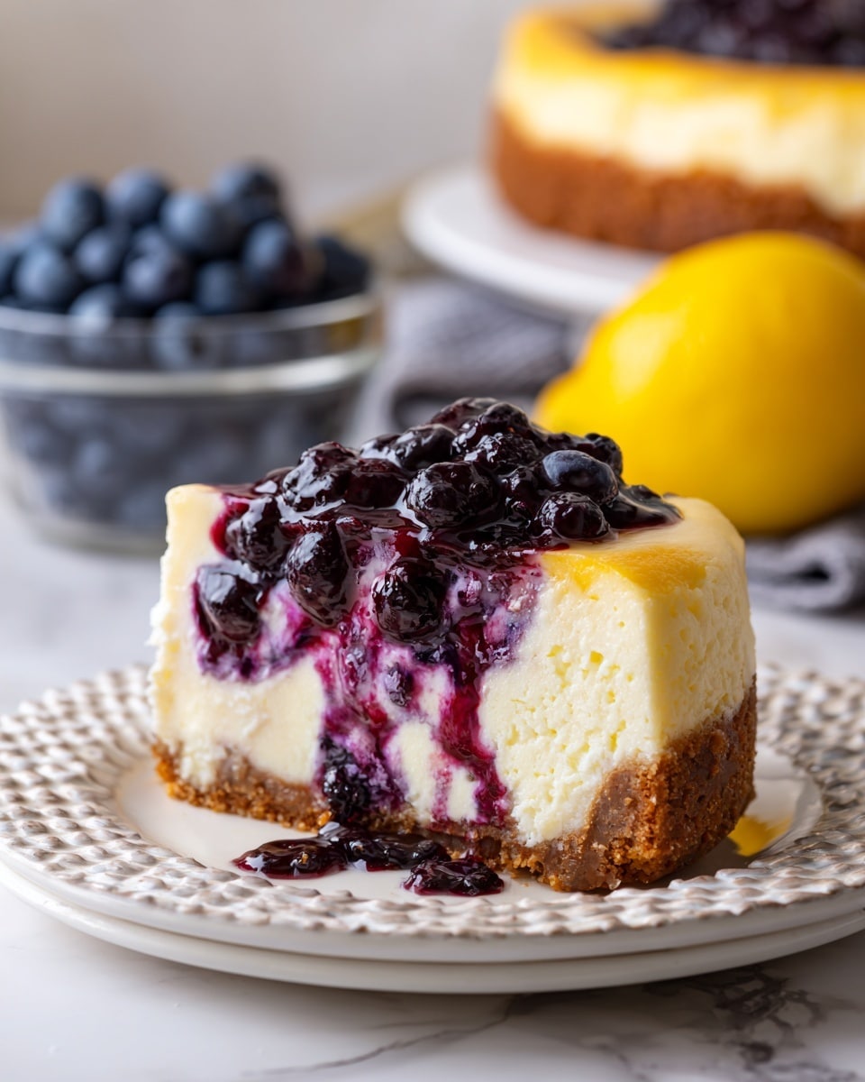 A slice of blueberry cheesecake with three visible layers: a golden brown crumbly crust at the bottom, a thick creamy white layer with purple blueberry swirls in the middle, and a smooth pale yellow top layer. The slice sits on a white plate with a silver fork in front, and in the background there is a blurred second slice, a cluster of fresh blueberries, and a whole yellow lemon, all set on a white marbled surface. photo taken with an iphone --ar 4:5 --v 7