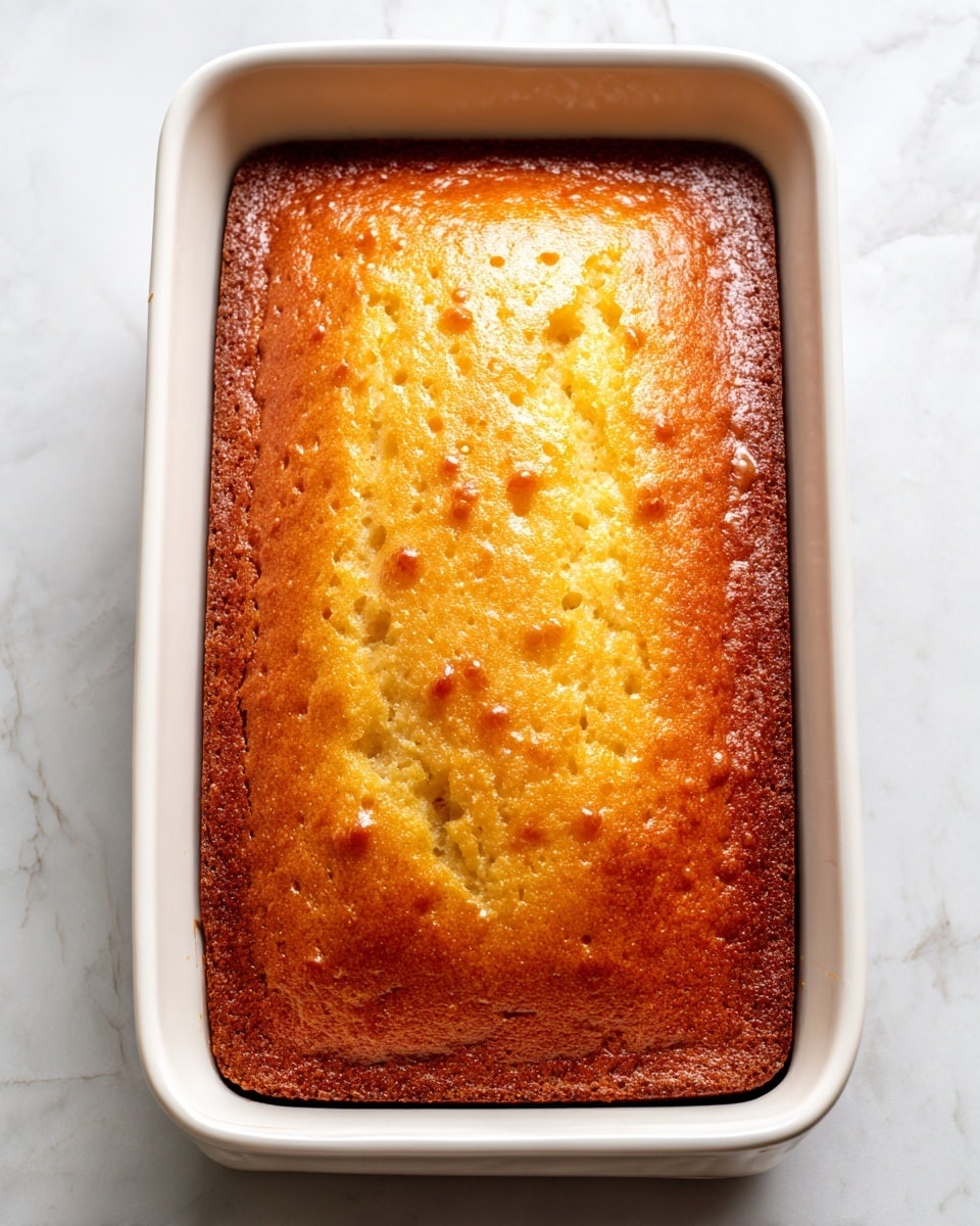 A rectangular baked cake with a golden-brown top layer that looks slightly uneven and textured, showing small holes and spots of lighter color scattered throughout. The cake fills a white ceramic baking dish with smooth rounded edges, and the outer edges of the cake are slightly darker than the center. The background surface is a white marbled texture, giving a clean and bright look to the image. photo taken with an iphone --ar 4:5 --v 7