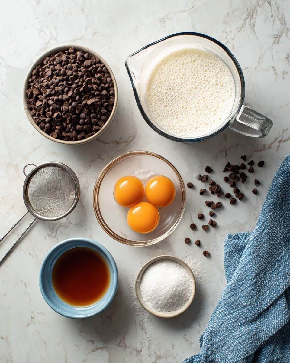 This image shows six clear glass containers on a white marbled surface. At the top right is a large glass measuring cup filled with white frothy liquid. To its left is a small bowl filled with many dark brown chocolate chips, some scattered on the surface below. Below that is a metal mesh sieve with more chocolate chips inside and some scattered outside it. In the middle right, a medium clear bowl contains three egg yolks. At the bottom center is a small bowl with a reddish-brown liquid, and to the right of it is a small bowl full of white granulated sugar. A blue and white cloth is partially visible at the right edge. Photo taken with an iphone --ar 4:5 --v 7