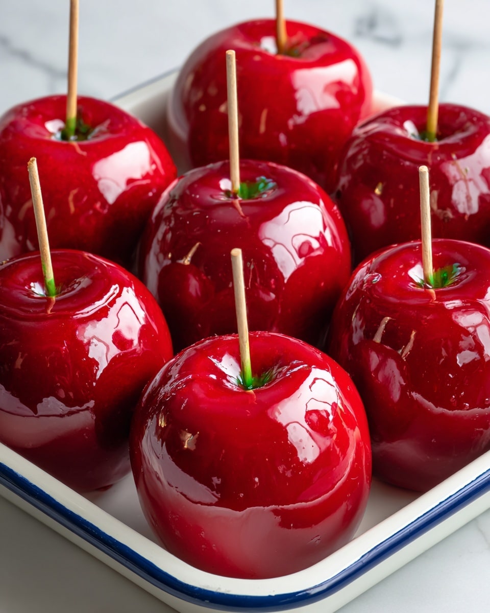 A shiny red candy apple with a smooth, glossy candy coating covering the entire surface, held by a woman's hand gripping a light wooden stick inserted into the top center of the apple. The apple has a bright, reflective texture with highlights showing the light source, and the candy coating extends slightly below the apple edge, forming a thin, round drip underneath. In the blurred background, there are more red apples with a candy coating resting on a white plate on a white marbled surface. Photo taken with an iphone --ar 4:5 --v 7