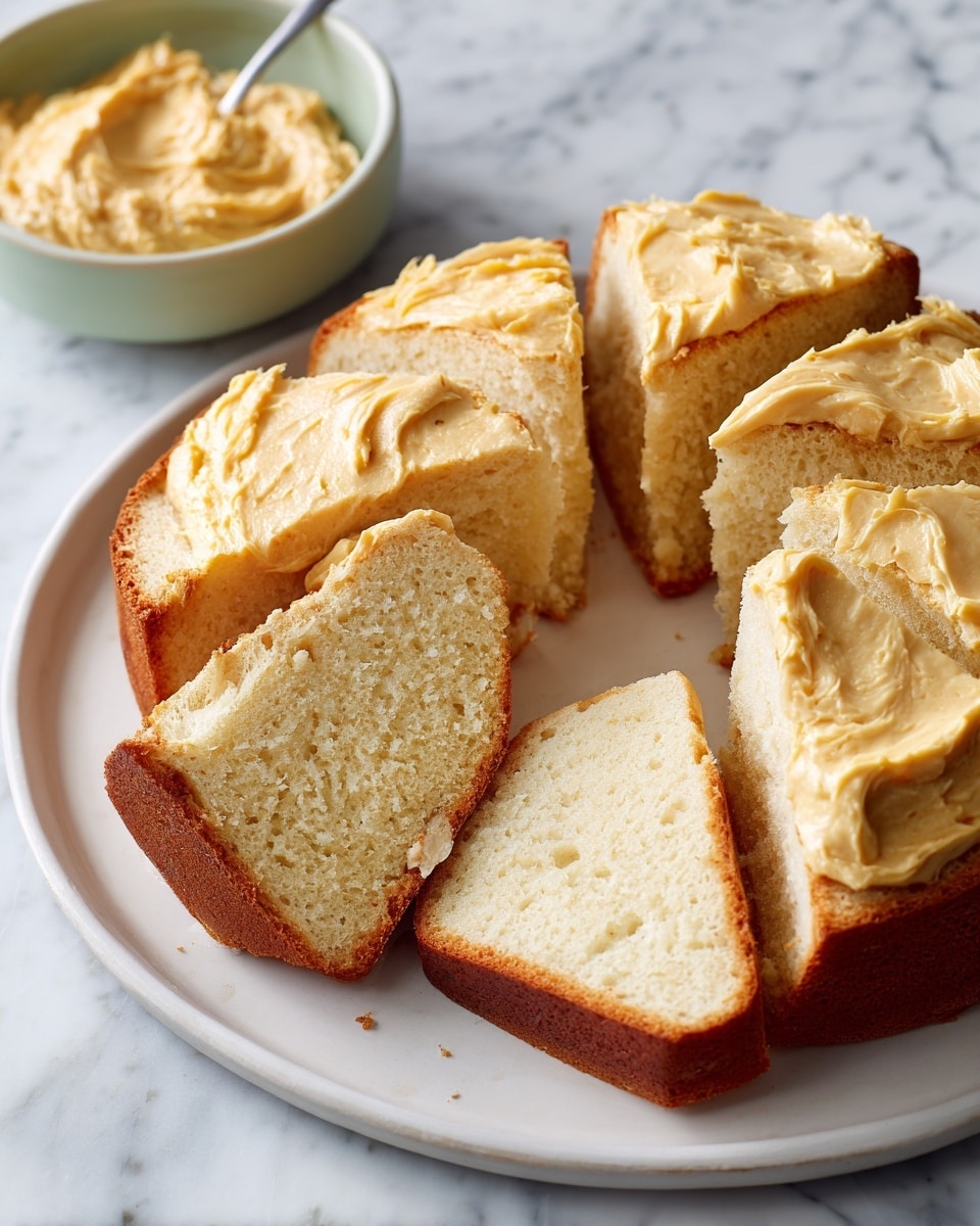 A round white plate holds a soft, golden-brown bread cut into six thick slices, arranged in a ring. The bread has a light, fluffy inside with a slightly crisp crust. One slice has a thick, yellow, chunky spread on top, which looks smooth and creamy. The plate sits on a white marbled surface, and a pale green bowl with a similar yellow spread is partly visible in the background. Photo taken with an iphone --ar 4:5 --v 7