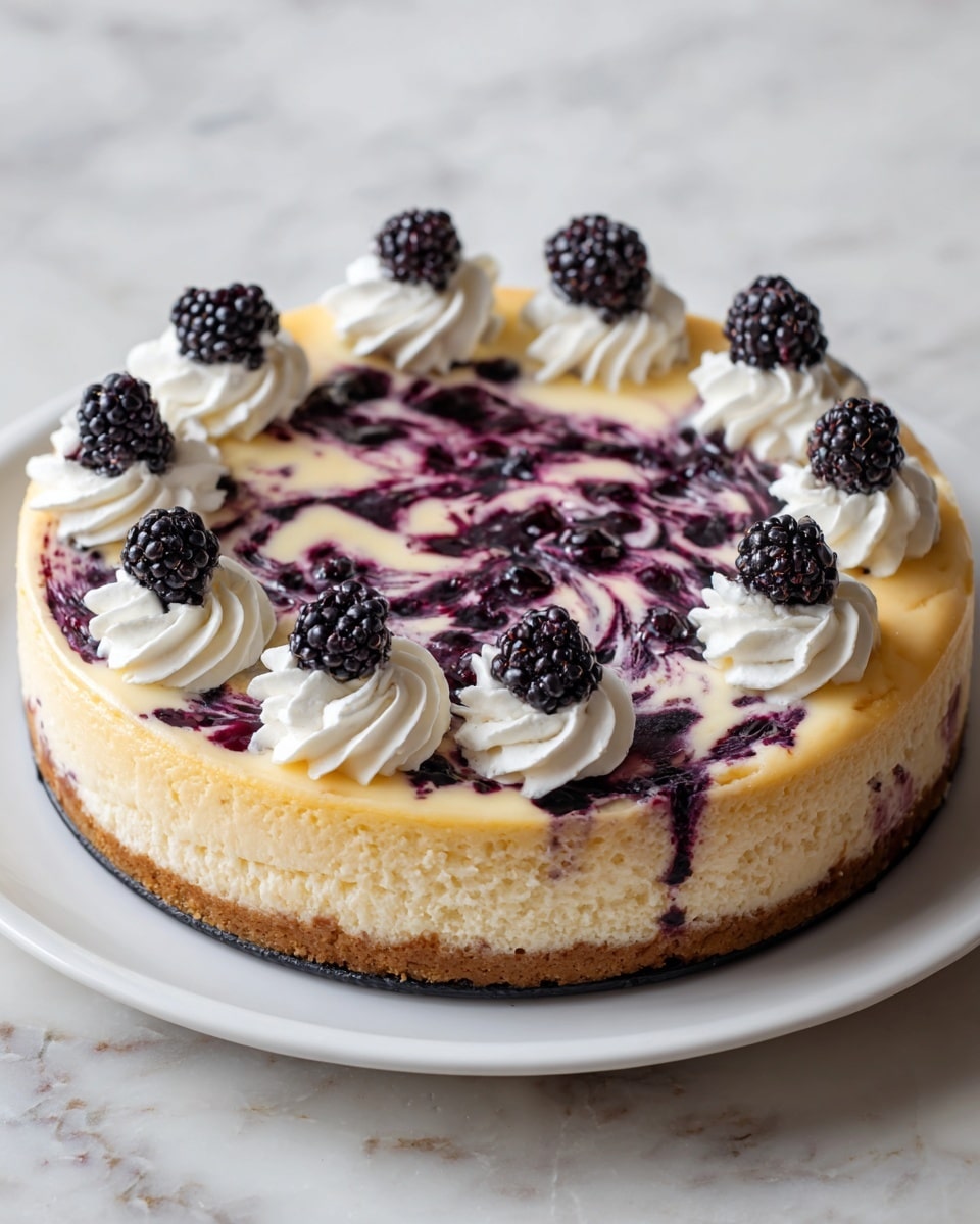 A round cheesecake with a pale creamy yellow top layer, decorated with dark purple berry swirls spread unevenly across the surface, creating an artistic marbled effect. Around the edge, there are eight evenly spaced dollops of white whipped cream, each topped with a single dark purple blackberry. The cheesecake sits on a white plate on a white marbled surface. photo taken with an iphone --ar 4:5 --v 7