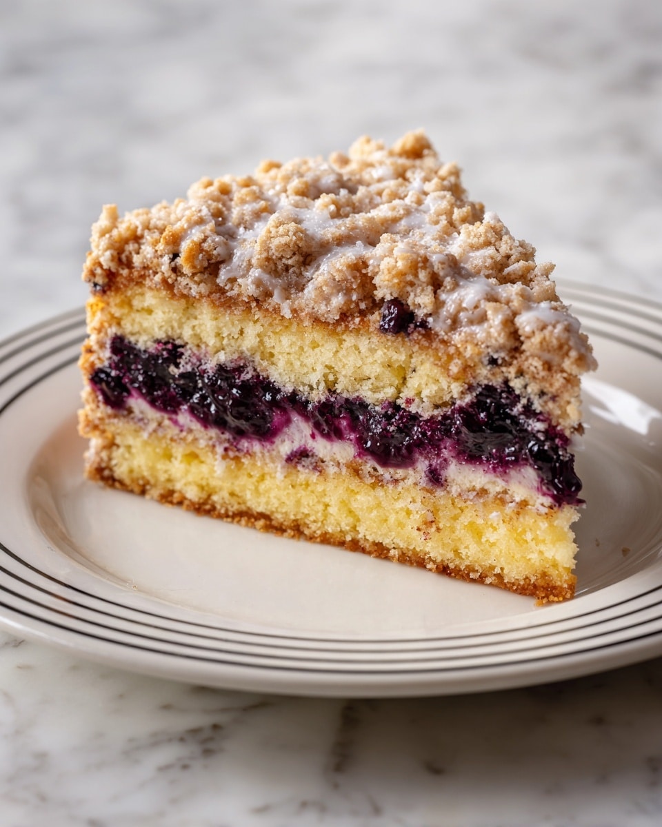A slice of crumb cake sits on a white plate with a visible texture of soft yellow cake layered with dark purple blueberry swirls, topped with a crumbly, light brown streusel layer mixed with small nut pieces. Behind it, the whole cake on a white cake stand shows a thick crumb topping and more visible blueberries inside, with a drizzle of clear syrup on the edges. The background has bright yellow sunflowers in a white vase and a white marbled surface below. photo taken with an iphone --ar 4:5 --v 7