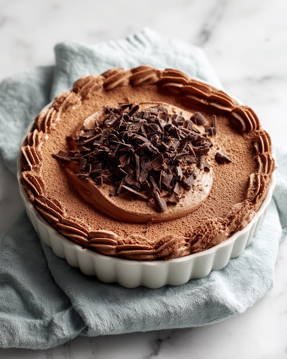 This image shows a close-up of a chocolate dessert in a white bowl with a scalloped edge, placed on a folded light blue cloth on a white marbled surface. The dessert has two main layers: the bottom layer is smooth and creamy chocolate mousse, piped in even curved ridges all around, giving a wavy texture. The top layer is decorated with many curled dark chocolate shavings placed in the center, adding a rich, rough texture contrast to the smooth mousse below. The background is plain, bright, and softly lit, focusing all attention on the rich brown tones of the dessert. Photo taken with an iphone --ar 4:5 --v 7