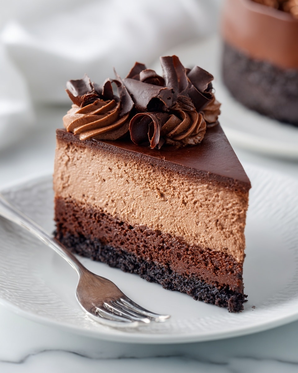 A slice of rich chocolate mousse cake sits on a white plate with subtle texture, placed on a white marbled surface. The cake has three main layers: a dark chocolate crust at the bottom with a firm texture, a thick middle layer of smooth dark chocolate mousse, and a lighter chocolate whipped topping layer at the top with small ripple patterns. On top, dark chocolate curls are artfully arranged, adding a decorative touch and deeper color contrast. A silver fork is placed next to the slice, and the background is softly blurred with a clean, bright look. Photo taken with an iphone --ar 4:5 --v 7