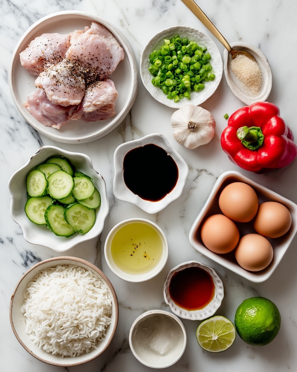 A white bowl filled with light pink pieces of raw chicken thighs, slightly seasoned with black pepper, is placed on a white marbled surface. Next to it is a smaller white bowl of white cooked rice with soft and grainy texture. Above the rice, there is a small white bowl of chopped green onions with vibrant green colors. Nearby, a white bowl holds thin slices of fresh cucumber, showing light and dark green shades. A whole red bell pepper with a glossy surface sits near the center. To the right, a white bowl contains four brown eggs and fresh green basil leaves. Two small white scalloped dishes hold dark brown hoisin sauce and light amber fish sauce. Two bright green limes are positioned close by. A small cup contains a light yellow sesame oil, and another small white bowl is filled with shiny green edamame beans. At the middle top left, a bulb of white garlic rests on the marble. A small gold spoon with brown sugar sits near the center next to a small white bowl of dark soy sauce. The whole arrangement is set on a clean white marbled surface. photo taken with an iphone --ar 4:5 --v 7