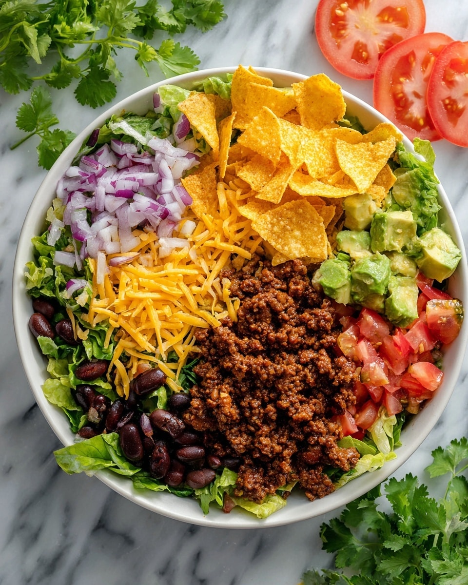 A white tortilla shell bowl holds a layered taco salad starting with a base of green lettuce mixed with black beans and chunks of green avocado. On top, there are finely chopped red onions and bright red tomato halves scattered around. The middle layer features crumbled cooked ground beef, dark brown in color, spread over the salad. Crunchy, orange-yellow tortilla chips are piled on top along with some shredded yellow cheese melted slightly into the mix. The bowl sits on a white marbled surface with fresh green cilantro leaves and sliced tomatoes nearby. Photo taken with an iphone --ar 4:5 --v 7