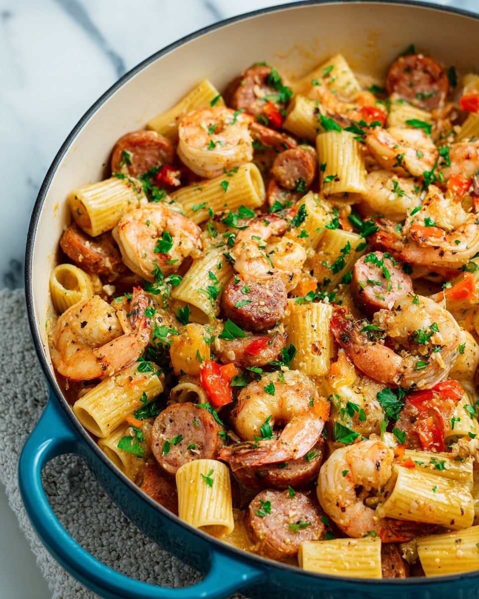 The image shows a white bowl filled with a mix of pasta, shrimp, sausage, and vegetables. The dish has three main layers: the bottom layer is short tube-shaped pasta that is pale yellow with a smooth texture; the middle layer consists of round slices of browned sausage and orange-red bell pepper pieces; on top there are plump shrimp with a light orange color and a slightly curved shape, all sprinkled with chopped green parsley adding a fresh touch. A silver spoon is placed inside the bowl among the food, resting on a white marbled surface. photo taken with an iphone --ar 4:5 --v 7