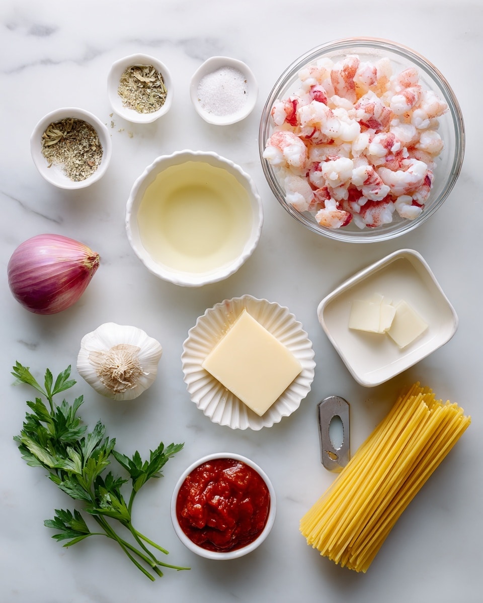 A white marbled surface holds several cooking ingredients neatly arranged with labels next to each. At the top right, a clear glass bowl is full of small, pink and white frozen or fresh lobster pieces. To its top left, a small white bowl contains mixed seasonings with white salt and dried herbs. Below the lobster, a white bowl holds light yellow white wine. Below that, a small white scallop-edged dish has a pale yellow square of butter. Near the butter, there's a bundle of raw yellow pasta laid out in a small stack. To the bottom left, a white scallop-edged dish has a red chili garlic sauce, next to a small tube of red tomato paste with yellow and red packaging. Above them is a shallot with light purple skin and above it, a small metal measuring cup filled with cream. In the center, a whole white garlic bulb rests. In the bottom left corner, a small white square bowl is filled with fresh green parsley leaves. The clean white marbled surface highlights all the colors and textures of the ingredients clearly. photo taken with an iphone --ar 4:5 --v 7