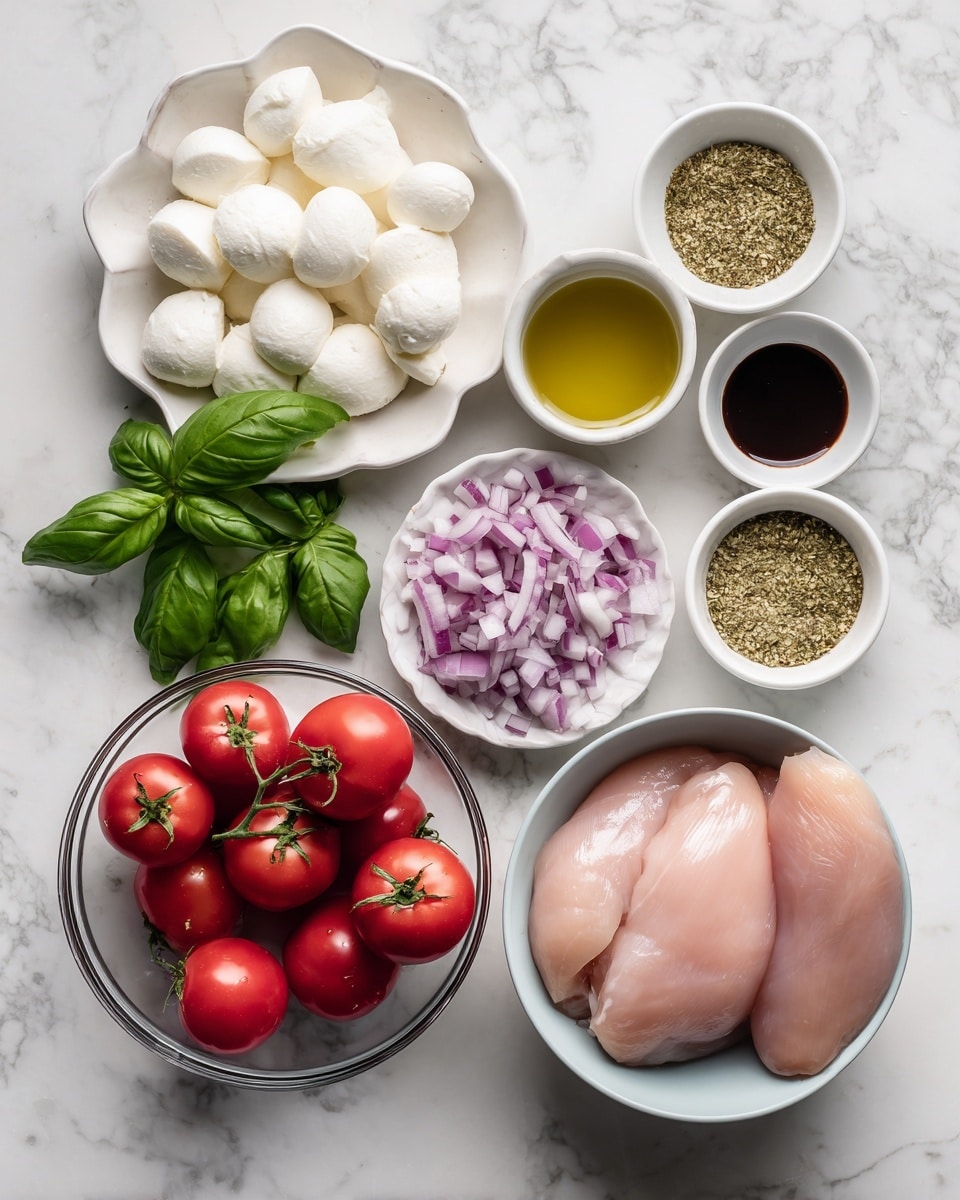 The image shows various ingredients arranged on a white marbled surface. At the bottom right, there is a white bowl filled with raw pale pink chicken breasts. Above this, a small white bowl holds diced purple and white red onions. Next to the onions, fresh bright green basil leaves rest directly on the marble. In the center, a glass bowl is full of small, shiny, red cherry tomatoes with one larger tomato placed on top, still attached to the green stem. To the left of the tomatoes, mozzarella slices in creamy white are arranged on a white plate. Above the mozzarella, a small white scalloped bowl contains a dark brown balsamic glaze, and next to it, another similar bowl holds a pale yellow oil. Above these, a small white bowl is filled with a dry seasoning mix giving a speckled texture of greenish yellow and white. Each ingredient is neatly placed and easy to identify. Photo taken with an iphone --ar 4:5 --v 7