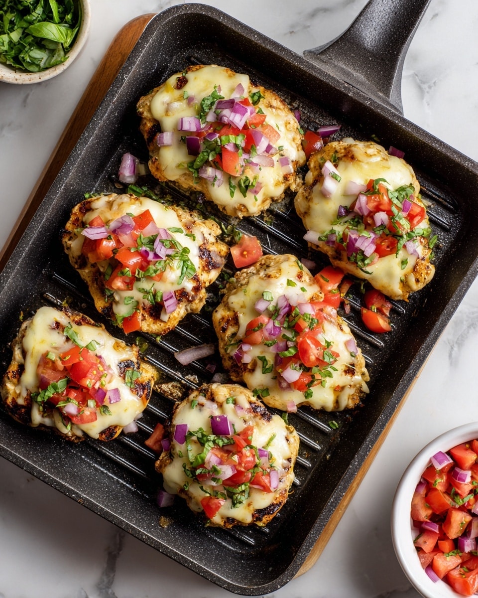 Three grilled chicken pieces with browned edges are placed on a white plate with speckled texture. Each piece is topped with melted white cheese and vibrant red chopped tomatoes mixed with small cubes of purple onion and fresh green basil leaves, forming a colorful layer. A large fresh basil leaf sits on the plate beside the chicken, and a silver fork rests at the top edge of the plate. The plate is set on a white marbled surface, with a whole ripe red tomato near the bottom right corner. Photo taken with an iphone --ar 4:5 --v 7