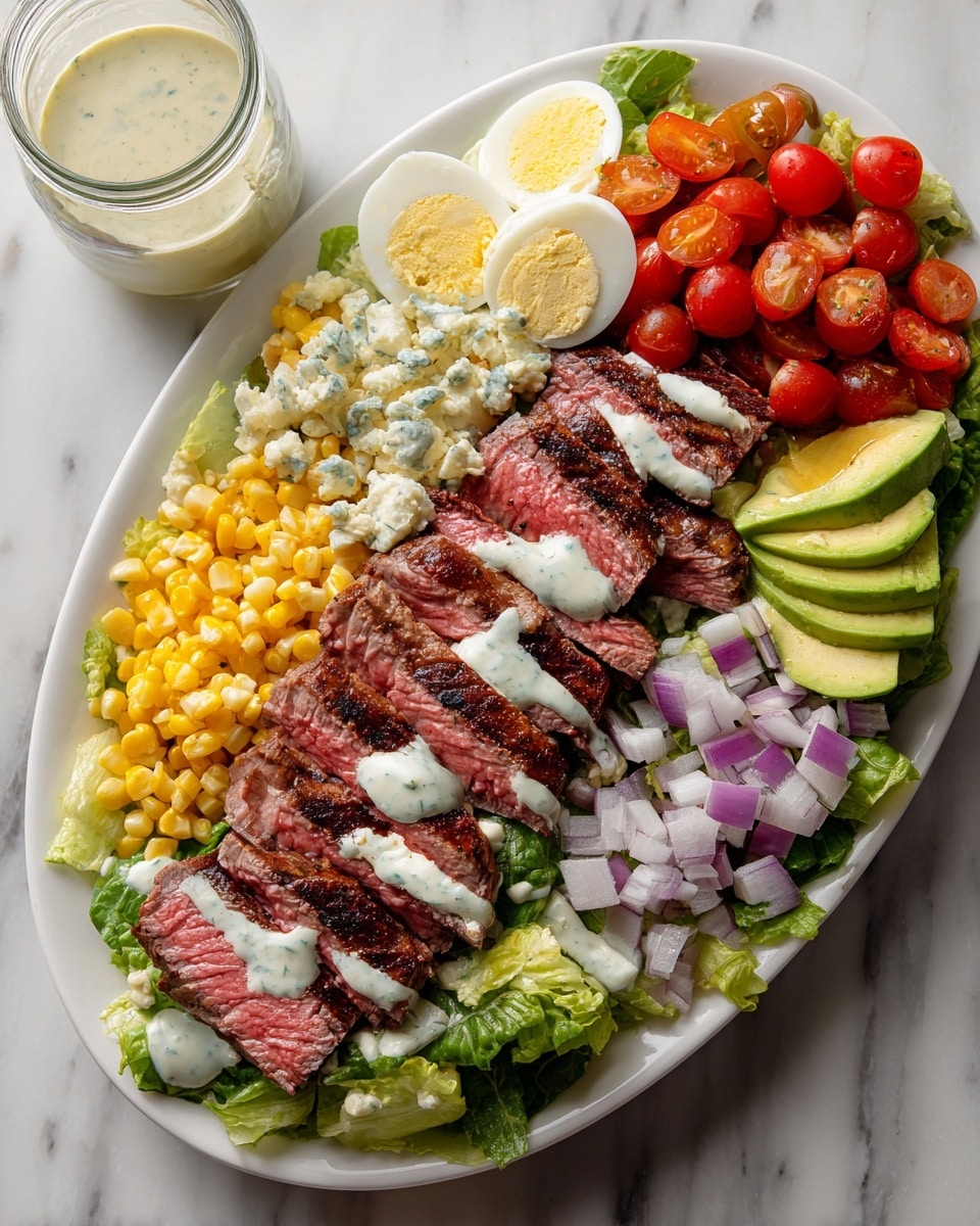 A white plate sits on a white marbled surface, with a fork resting on the left side. The base layer is chopped green lettuce mixed with pieces of red onion, yellow corn kernels, and halved red and yellow cherry tomatoes. On top of this, thin slices of medium-rare steak with a pink center and browned outer edges are arranged in the middle. To the right of the steak, there are two slices of fresh avocado, light green with a smooth texture. Scattered on top are small chunks of white cheese and pieces of hard-boiled egg with white and yellow parts visible. In the background, there is a second white plate with a similar salad and steak, along with a mason jar filled with creamy dressing. A few sprigs of thyme lie on the white marbled surface near the plates. photo taken with an iphone --ar 4:5 --v 7