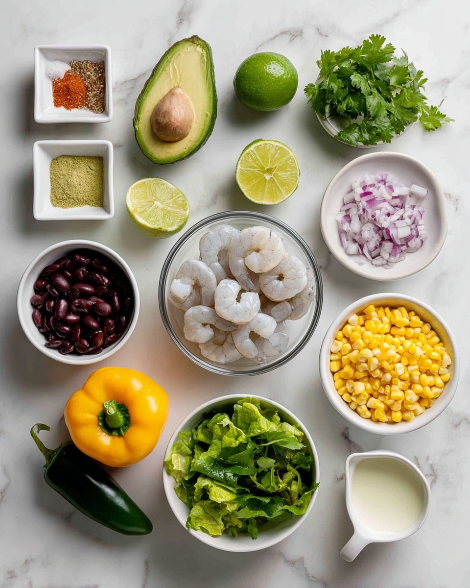 The image shows ingredients neatly arranged on a white marbled surface. There is a round clear glass bowl filled with peeled, raw shrimp with a pale white and light gray color. To the top left is a small white square bowl containing mixed dry seasoning in red, light yellow, and green tones. In the top center is a whole avocado with dark green, bumpy skin. Next to it is a small bunch of fresh, bright green cilantro leaves, beside a small white square bowl filled with chopped light purple onion pieces. To the right is a small silver round bowl holding a light golden oil. Below the oil is a large white bell pepper with vibrant red skin. Below the bell pepper is a small white bowl with bright yellow corn kernels. To its left is a small silver bowl filled with dark brown beans, and directly above it is a dark green jalapeño pepper. Centered below the avocado is a halved lime, deep green in color. Below the lime is a small white bowl filled with bright yellow pineapple chunks. Near the bottom is a large white bowl filled with mixed salad greens in various shades of green and some purple hues. To the right of the greens is a white cup of sour cream with a spoon inside. The whole scene is bright and clean. photo taken with an iphone --ar 4:5 --v 7