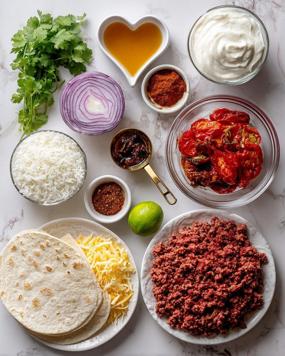 The image shows different ingredients neatly arranged on a white marbled surface. A bunch of fresh green cilantro is placed near the top left, next to a small heart-shaped white bowl with golden honey. Beside them, there is a halved red onion with purple and white layers, and a small white bowl filled with creamy white sour cream. Near the center, a clear glass bowl holds red fire-roasted tomatoes with small chunks and black char marks. Below it, a gold-handled white measuring cup contains white rice grains. A small white bowl with dark, rich chipotle peppers sits near a small scalloped white bowl filled with bright red tomato paste. Next to these is a small white bowl of mixed reddish brown seasonings. Two whole green limes rest nearby, and below everything, two white tortillas lie flat beneath a large clear bowl of ground beef, showing red, textured meat. On the bottom left, shredded yellow cheese covers a white plate. The photo taken with an iphone --ar 4:5 --v 7