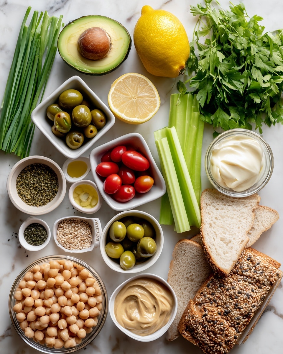 This image shows many fresh ingredients laid out on a white marbled surface. There is one half of a green avocado with a brown pit in the center top left. Below it is a bright yellow lemon half. To the right of the avocado are two light green celery sticks crossed in a T shape. Next to them is a small white square bowl filled with bright green parsley leaves. Above the parsley is a light green mixed leafy green bunch. To the right of the celery and parsley is a small white round bowl containing white mayo and pale yellow Dijon mustard side by side. Below this bowl, another small white round bowl holds light tan tahini. To the left of the tahini and below the parsley are green olives in a small bowl and next to that is another small white round bowl with red cherry tomatoes. In the bottom left corner is a large glass bowl full of light tan canned chickpeas. Near this are two slices of white bread with seeds in them. Scattered near the chickpeas and bread are long green onions in a bunch, a bowl of seasonings showing white, black, green and red spices, and a bowl of green capers. Photo taken with an iphone --ar 4:5 --v 7
