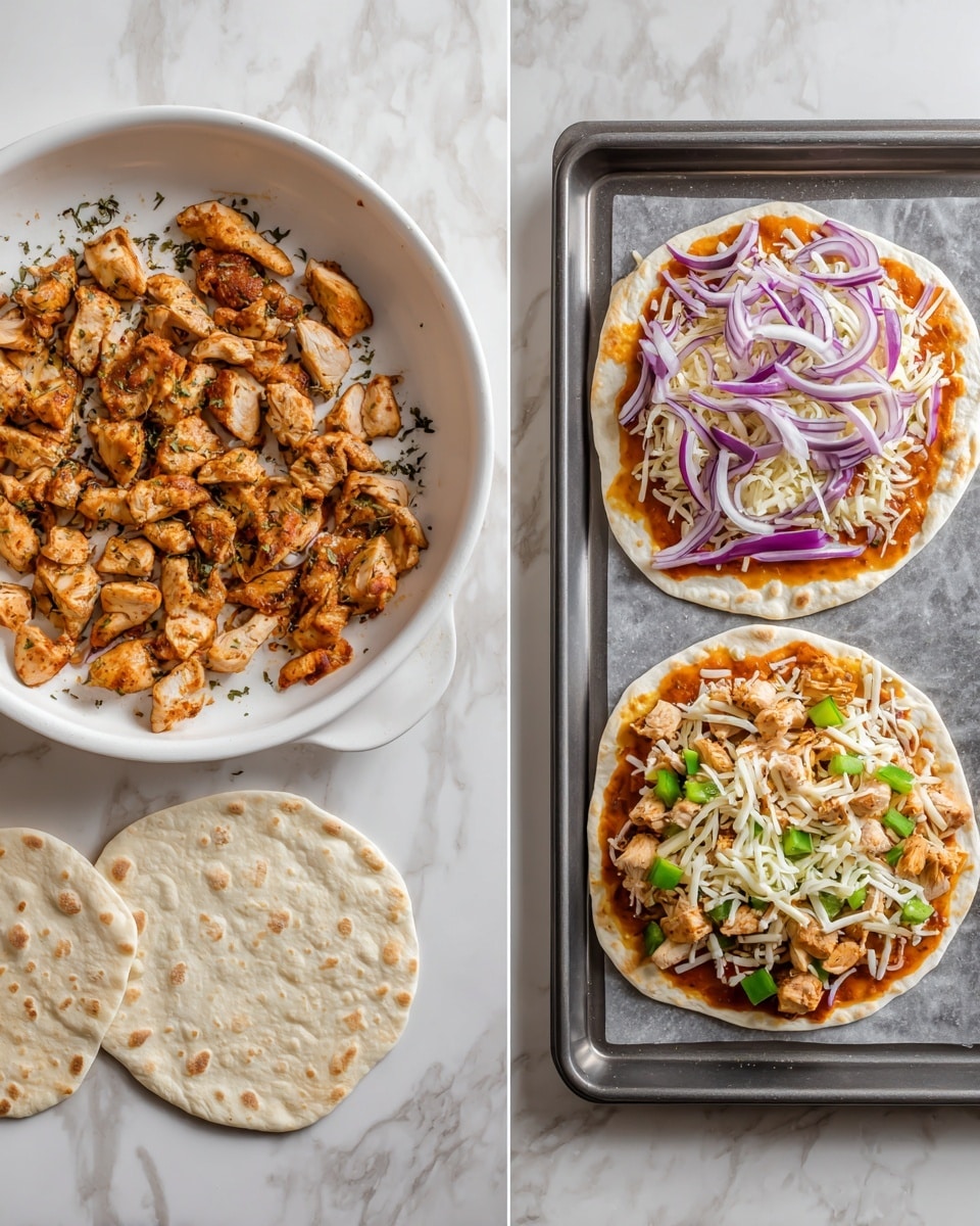 The image shows two steps in making flatbread pizzas. On the left, Step 1 displays a white pan with light brown cooked chicken pieces with some herbs, placed on a white marbled surface with some flatbreads beside the pan. On the right, Step 2 shows two white flatbreads on a baking tray covered with toppings: a base layer of orange sauce, scattered small pieces of cooked chicken, thinly sliced purple onion rings, chopped green bell peppers, and a generous amount of shredded white cheese on top. The setting is also on a white marbled texture. photo taken with an iphone --ar 4:5 --v 7