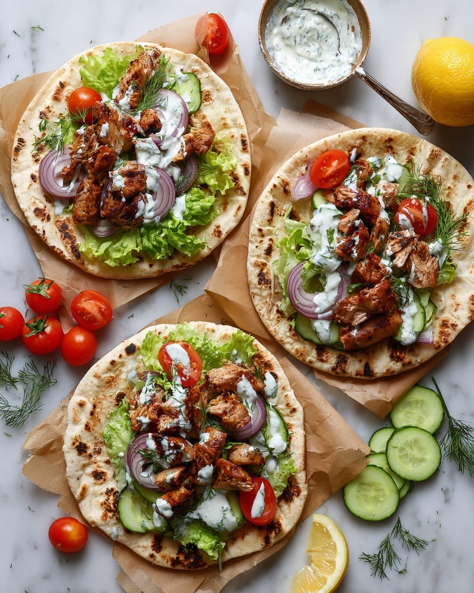 A close-up of a grilled wrap resting on a white plate, filled with several layers: the soft, lightly toasted flatbread forms the base and outside layer, wrapped partially in brown paper; inside, chunks of golden brown cooked chicken sit atop a layer of creamy white sauce; scattered among the chicken are fresh slices of red cherry tomatoes, thin rings of purple onion, and diced green cucumbers; some green herbs are sprinkled on top for garnish; beside the plate on a white marbled surface, there is a small spoon with white sauce and dill, with a few cucumber pieces and dill sprigs nearby in soft focus in the background photo taken with an iphone --ar 4:5 --v 7