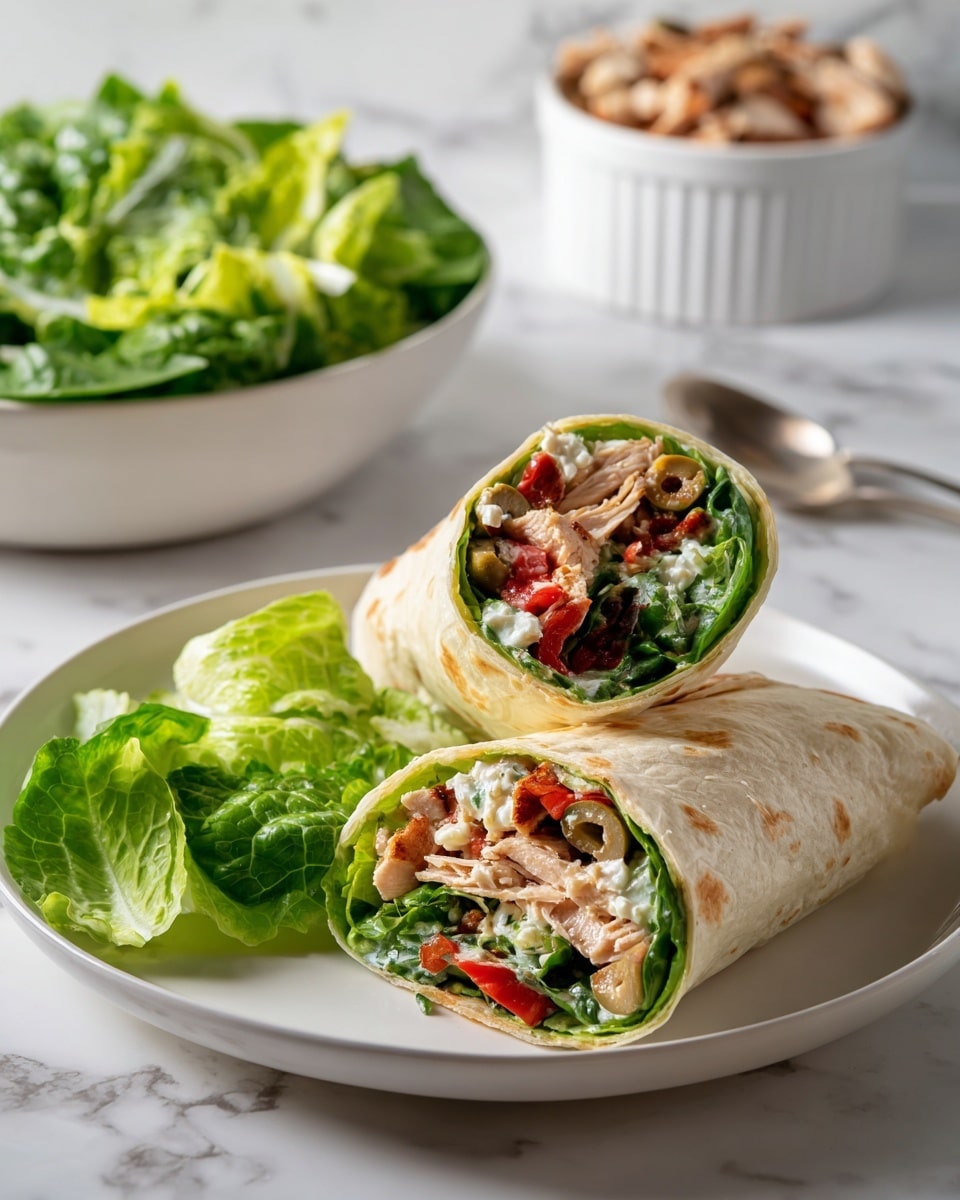 The image shows two wraps filled with several layers. The outer layer is a light toasted white tortilla with brown spots. Inside, there are chunks of golden-brown grilled chicken pieces on top, mixed with black and green chopped olives, and small white crumbles of cheese. Beneath the chicken and olives, slices of sautéed red bell peppers and caramelized onions add color, while a few green lettuce leaves peek out from the bottom of the wraps. The wraps are placed on a white plate with a few green lettuce leaves scattered around, all set on a white marbled surface. Photo taken with an iphone --ar 4:5 --v 7