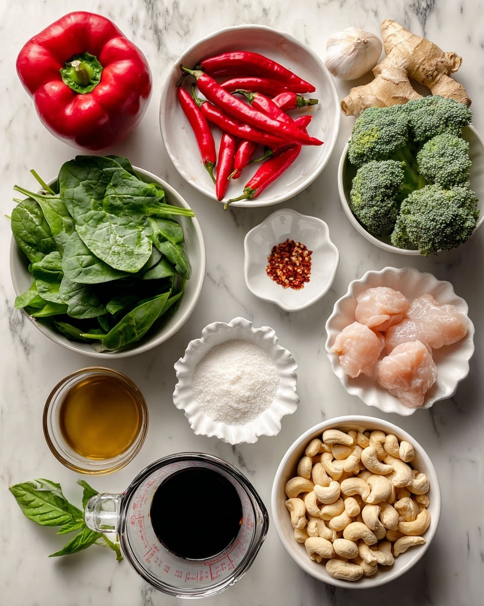 The image shows several fresh ingredients spread out on a white marbled surface, each labeled clearly. On the left, there is a whole red bell pepper, a pile of bright green spinach leaves in a white bowl, and a bunch of dark green Thai basil leaves. Below those are four red Fresno peppers, and two white onion halves placed side by side. Near the middle, a small scalloped white dish contains red chili flakes, while another small white bowl holds light brown sesame oil. Below these, a small white bowl is filled with white cornstarch. On the right side, there are several light green broccoli florets, and a white bowl filled with pale beige cashews. Next to the cashews, there are peeled garlic cloves. At the bottom right, a white bowl holds a pile of small pale pink raw chicken pieces. In the foreground near the bottom center, there is a clear measuring cup filled with dark soy sauce mixed with brown sugar and rice vinegar. A whole light yellow ginger root is placed near the top middle of the image. The photo taken with an iphone --ar 4:5 --v 7