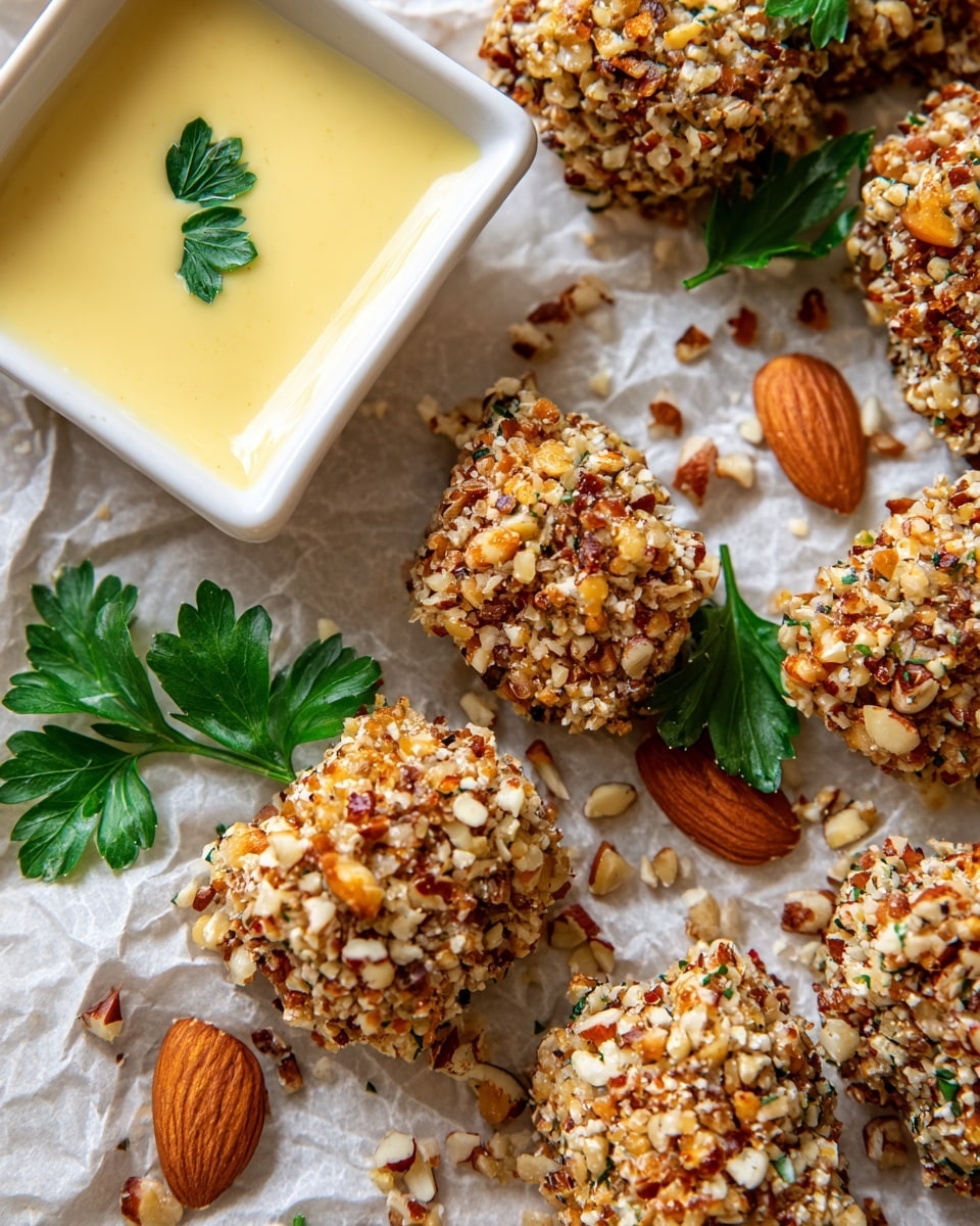 The image shows a baking tray with multiple pieces of nut-coated food arranged neatly on a white marbled surface. Each piece has a thick outer layer of crushed nuts, golden and light brown in color, with a rough and crunchy texture. Scattered whole almonds and small green parsley leaves are placed between the pieces, adding natural pops of brown and green. In the top part of the image, a small white rectangular dish holds a creamy light yellow sauce, slightly melted on the edges. The surface underneath is slightly wrinkled, suggesting baking paper with small crumbs scattered around. photo taken with an iphone --ar 4:5 --v 7