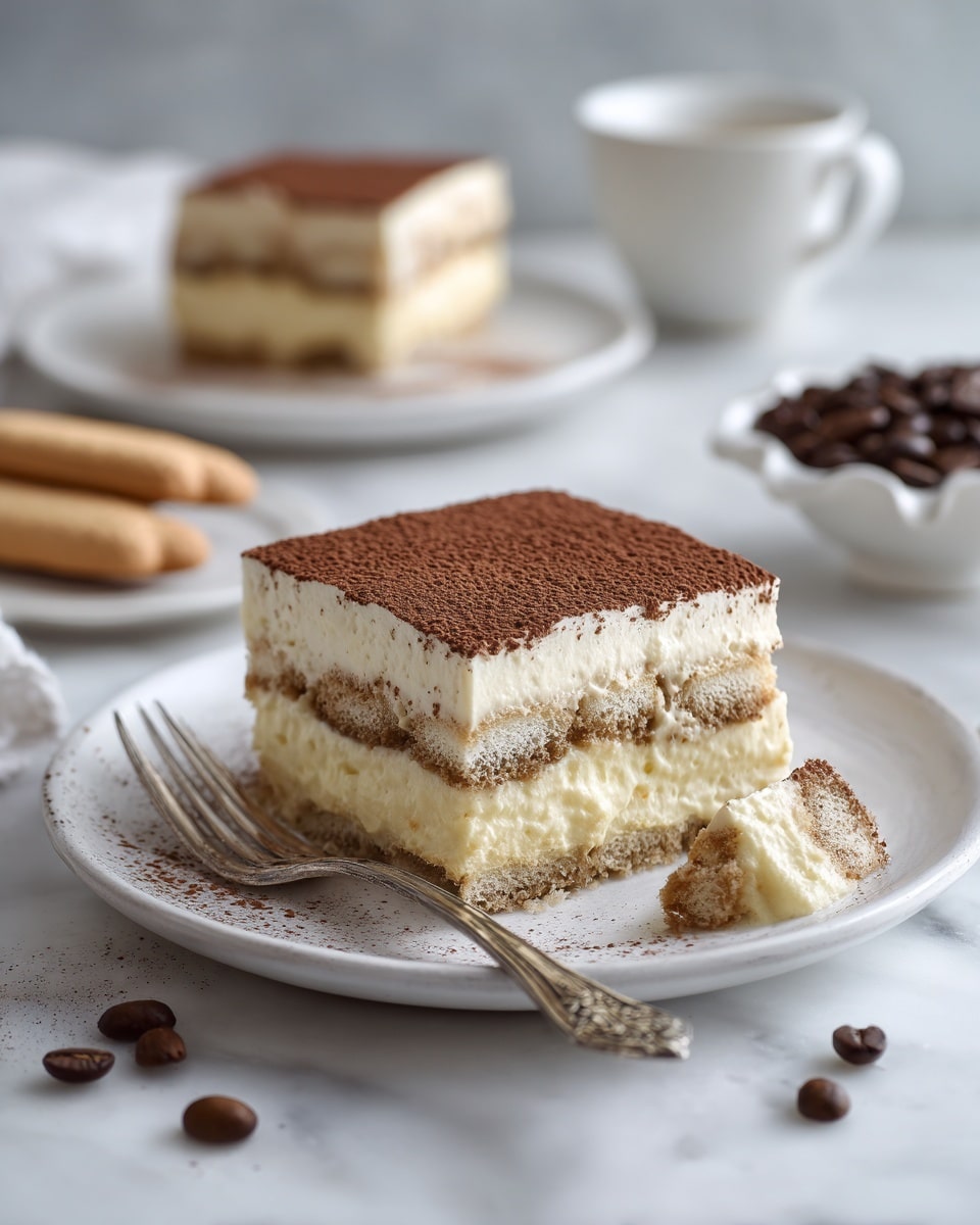 The image shows two steps of making a layered dessert in a clear rectangular baking dish placed on a white marbled surface. In the first step on the left, the dish is filled with a layer of cream, topped with neatly arranged light brown ladyfinger biscuits placed side by side to cover the entire base. Above the dish is a small white bowl with brown powder and a spoon. In the second step on the right, the ladyfinger layer has turned darker, and a creamy mixture with dark specks is being spread on top. A woman's hand holds a spatula smoothing the cream layer. Around the dish are bits of biscuits, splashes, and a small white plate with some brown liquid residue. Photo taken with an iphone --ar 4:5 --v 7