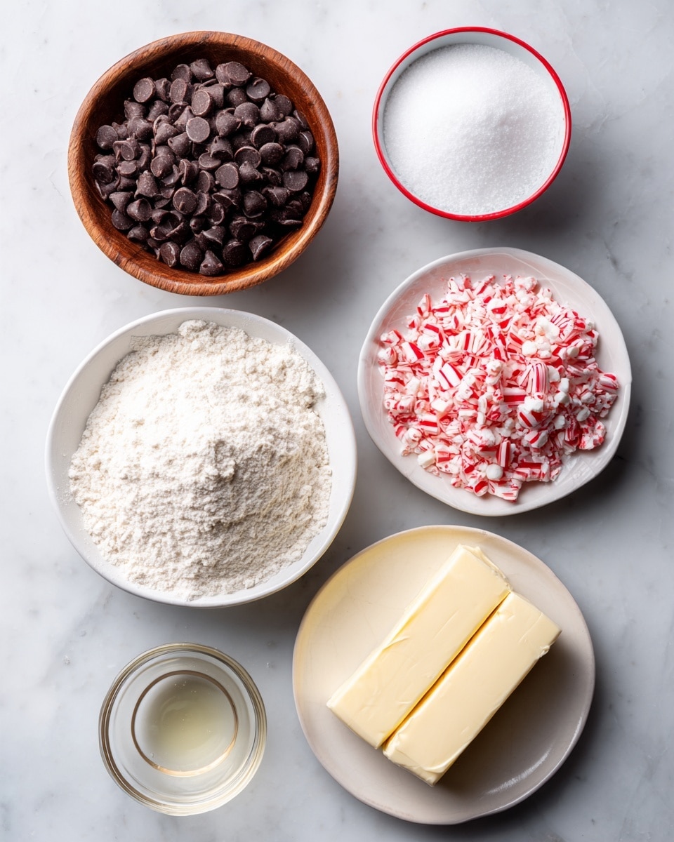 A top-down image shows seven bowls and plates on a white marbled surface. Starting top right is a white bowl with a red rim, filled with bright white powdered sugar that has a fine, fluffy texture. Directly below it is a small white bowl containing fine white salt. To the left of the powdered sugar is a light brown wooden bowl packed with dark semi-sweet chocolate chips that have a smooth and shiny surface. Below the chocolate is a large white bowl filled with fine, pale beige all-purpose flour. On the bottom right is a white plate holding two solid sticks of light yellow butter with a smooth, firm texture. Next to the butter is a white bowl full of crushed peppermint candy pieces, vividly red and white striped chunks with jagged edges. Lastly, at the bottom left corner, there is a clear small glass filled with a light brown vanilla extract liquid. All items sit neatly spaced on the white marbled background with clear, natural lighting and soft shadows. Photo taken with an iphone --ar 4:5 --v 7