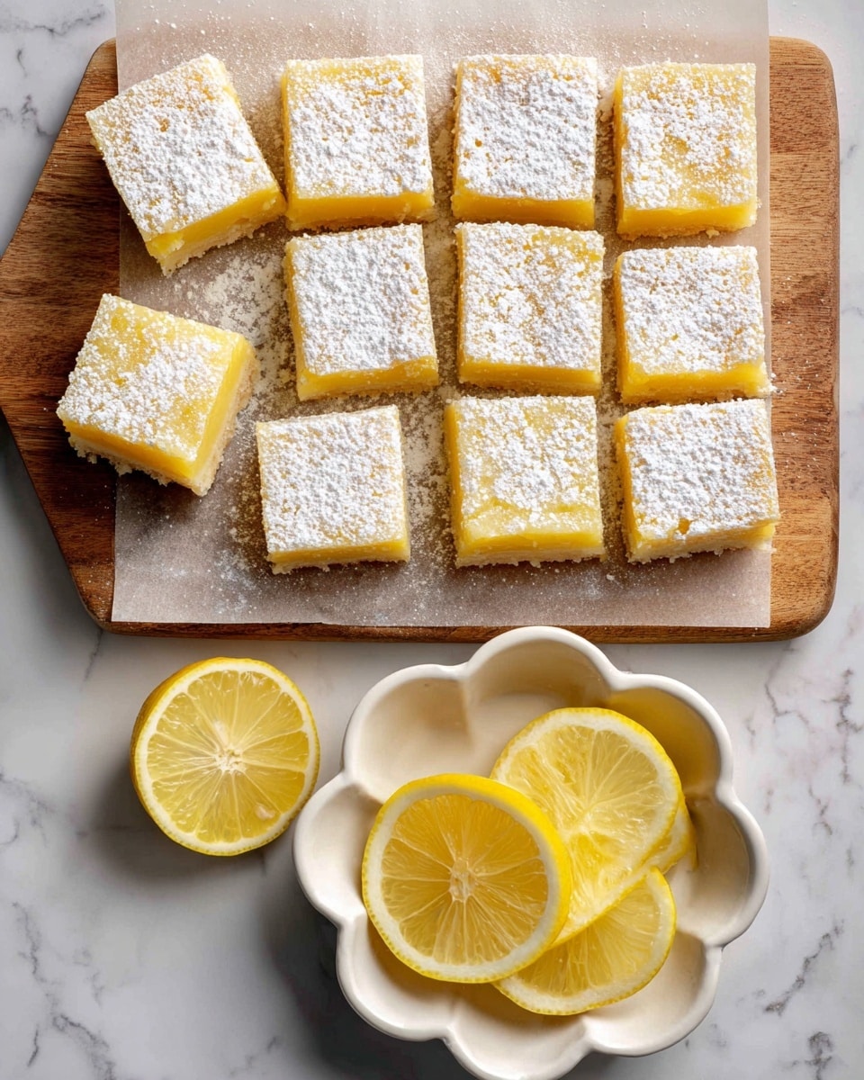 A stack of four square lemon bars is shown on a white speckled plate, with each bar having two layers: a thick, soft, light yellow top layer that looks moist and slightly crumbly, and a thinner, beige bottom crust layer that appears firm and slightly crumbly. The top of each bar is dusted with a light layer of white powdered sugar, adding a soft contrast to the yellow top. The background features a blurred white marbled texture. photo taken with an iphone --ar 4:5 --v 7