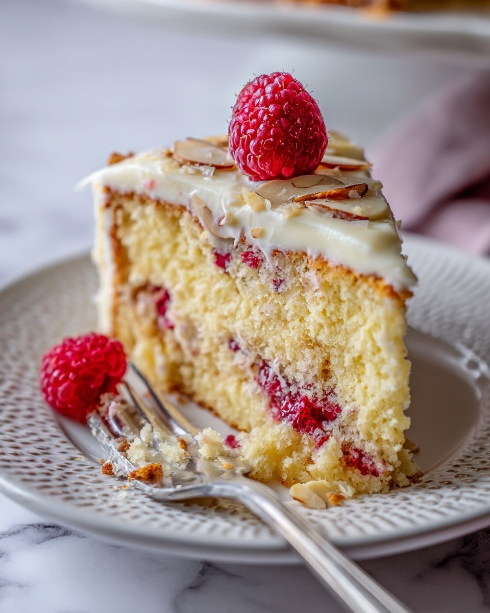 A close-up of a slice of light yellow cake with visible red raspberries and almond slices inside, topped with a white creamy layer and a whole raspberry on the top right. The cake slice is on a white plate with a textured pattern, placed on a white marbled surface. A silver fork with a portion of the cake rests on the plate’s lower left side, and a whole raspberry sits near the top edge of the plate. The image is bright and focused on the cake's soft and moist texture, showing crumbs around the slice. Photo taken with an iphone --ar 4:5 --v 7