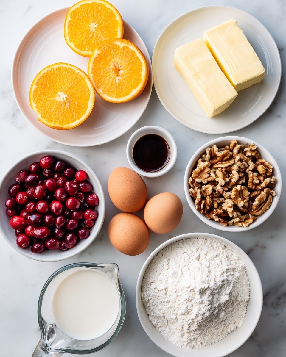 The image shows several ingredients placed individually on a white marbled surface. At the top left, two orange halves lie next to two solid yellow butter sticks on a white plate. To the right, a block of white cream cheese sits on another white plate. Below them, four brown eggs rest inside a white bowl. Next to the eggs is a small white cup filled with dark brown vanilla extract. Below, a rounded white cup holds white baking soda. A glass pitcher filled with shiny red cranberries is at the bottom left. Centered below is a clear glass bowl full of white all-purpose flour. Finally, to the right of the flour, a white bowl contains chopped light brown walnuts. photo taken with an iphone --ar 4:5 --v 7