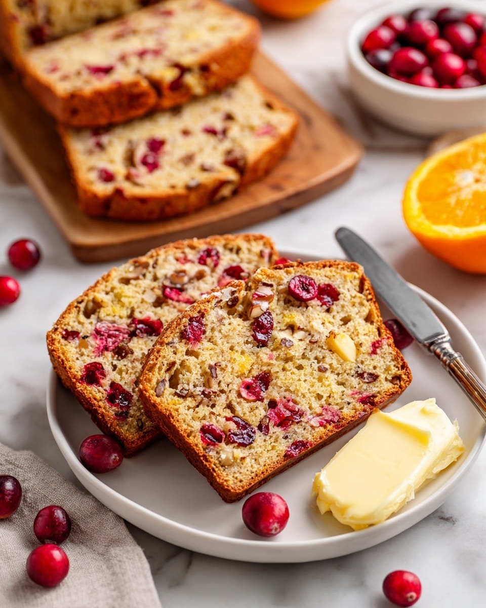 Two slices of golden brown bread with a crumbly texture and bright red cranberries scattered throughout sit on a white plate. The bread has a rough crust on the edges and a soft inside filled with bits of nuts. Next to the slices on the plate is a butter knife with a smooth dollop of pale yellow butter. In the background, more slices of the same bread rest on a wooden board, along with a small round bowl containing some softened butter. Bright whole cranberries and an orange-colored fruit piece are visible around the plate, all set on a white marbled surface. The photo taken with an iphone --ar 4:5 --v 7