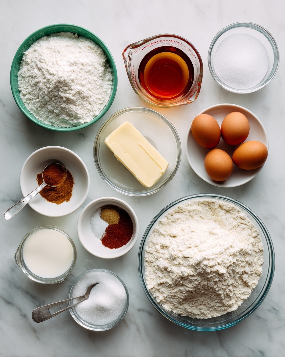 The image shows a top view of various baking ingredients neatly arranged on a white marbled surface. There are eleven bowls and containers in total: a large clear glass bowl filled with white all-purpose flour at the bottom right; a smaller green bowl containing white baking powder and salt near the top left; a medium glass bowl of white sugar below it; a clear measuring cup filled with amber-colored apple cider near the top center; a small white bowl with vanilla extract beside the sugar; another small white bowl holding two brown eggs near the top right; a stick of butter placed horizontally just below the eggs; a small white bowl with mixed brown spices under the baking powder; a small glass bowl of brown and white confectioner’s sugar combined, labeled for frosting, to the bottom left; a silver tablespoon with a white liquid almond milk for frosting next to it; and a small portion of white vegetable shortening for frosting on the right side of the tablespoon. The ingredients are evenly spaced and clearly labeled in black text, with no hands or utensils visible. Photo taken with an iphone --ar 4:5 --v 7
