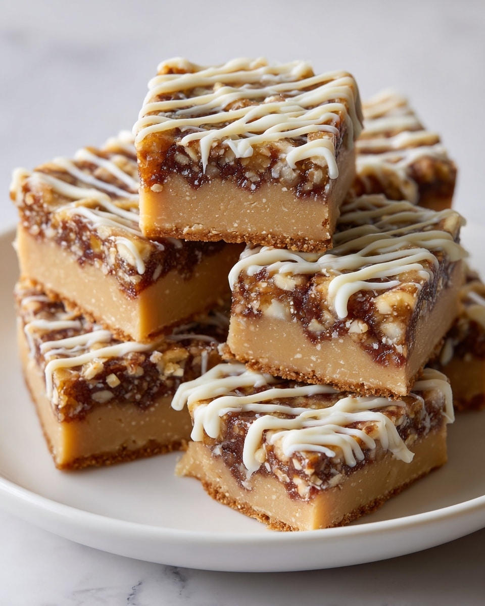 The image shows several square dessert bars stacked together on a white plate, placed on a white marbled surface. Each bar has two layers: the bottom layer is thick and light beige with a smooth, slightly crumbly texture, while the top layer is thinner, dark brown with visible small bits of nuts or dried fruit, giving it a textured look. Both layers are topped with irregular white icing drizzles in various patterns. The bars are closely packed, showing their sharp edges and dense consistency, with one bar slightly tilted to reveal the thickness of the layers photo taken with an iphone --ar 4:5 --v 7