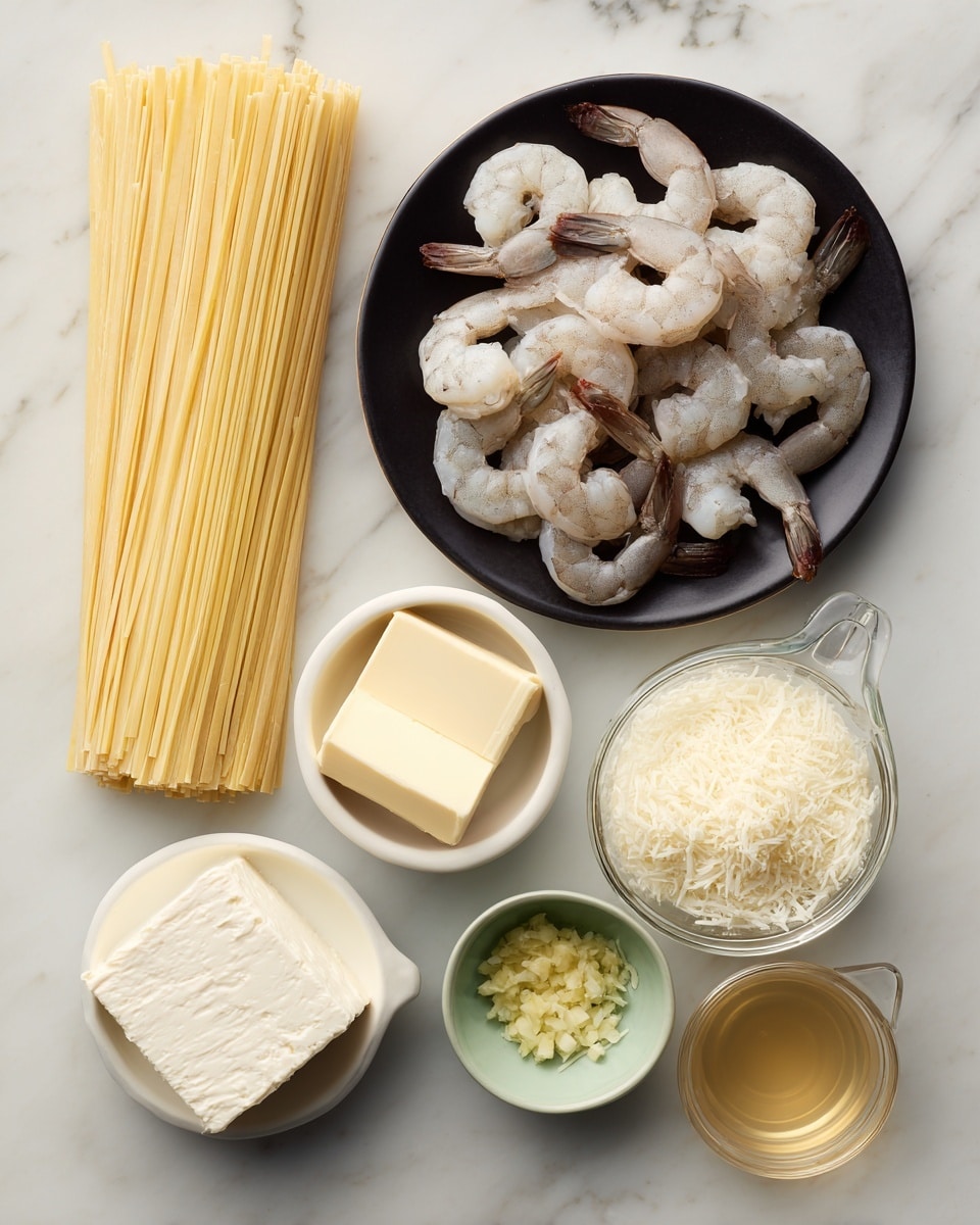 The image shows ingredients arranged neatly on a white marbled surface. On the left, there is a bundle of long, pale yellow fettuccine pasta. To the right of that, a black plate holds a pile of raw shrimp with a light grayish-white color and brown-tipped tails. Below the pasta and shrimp, small bowls and measuring cups hold different ingredients. A small white bowl contains one thick square of off-white cream cheese, while a tiny light green bowl holds minced garlic that is pale yellow. A small white bowl contains a square of pale yellow butter. Next to the butter, there is a clear measuring cup filled almost to the top with white heavy cream. Another clear measuring cup contains a golden-brown chicken broth. Lastly, a clear measuring cup holds grated parmesan cheese, which is white and fluffy. The arrangement is clean and spaced out, with all items clearly visible. Photo taken with an iphone --ar 4:5 --v 7