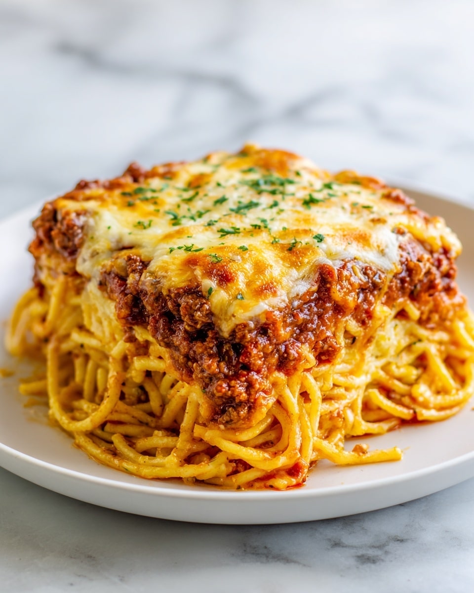 A square piece of baked spaghetti sits on a white plate, showing three main layers. The bottom layer is a thick bed of yellow, cooked spaghetti noodles mixed with a reddish tomato sauce. On top of that, there is a layer of browned meat sauce with visible small chunks and a bit of orange cheese melted in. The top layer is a golden-brown melted cheese crust with some areas having a light toast color, sprinkled with small green herb pieces. The plate is placed on a white marbled surface. photo taken with an iphone --ar 4:5 --v 7
