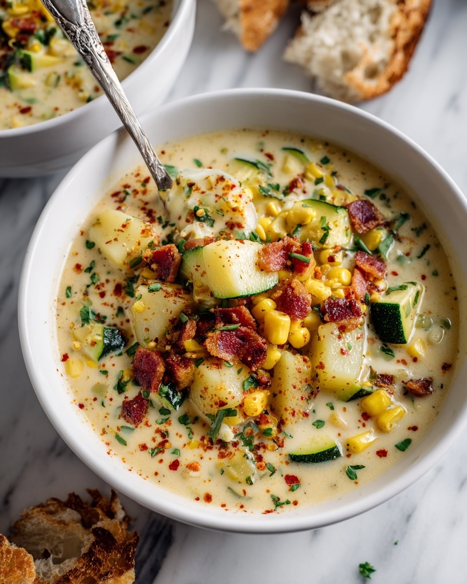 A close-up view of a thick, creamy soup in a white bowl with a slightly rough edge rim. The soup has three main layers: a light beige creamy base that looks smooth but slightly chunky, dotted with small cubes of white and yellow vegetables, thin green slices of zucchini, and small pieces of reddish-brown bacon scattered throughout. There are also hints of finely chopped herbs sprinkled over the top and a light dusting of orange seasoning. The background is a white marbled texture with some torn bread pieces visible near the bowl. Photo taken with an iphone --ar 4:5 --v 7
